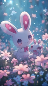 Chibi style pastel bunny duo in luminous flower meadow at dusk