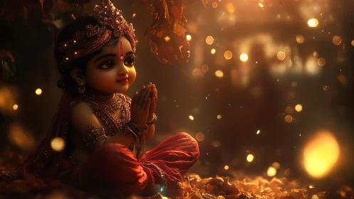 Child deity in autumn glow, folded hands amid golden bokeh.