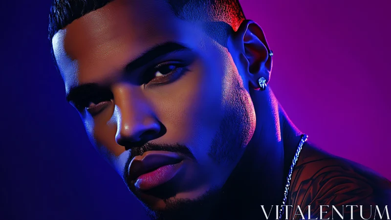 Neon-lit male portrait with intense gaze in vibrant color.