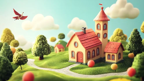 Whimsical 3D village church rendered with soft toy-like forms