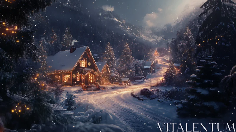 Snowy mountain village glows with warm winter cabin lights