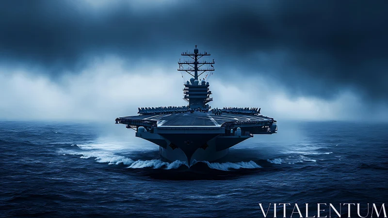 Modern aircraft carrier cutting through dark open sea.