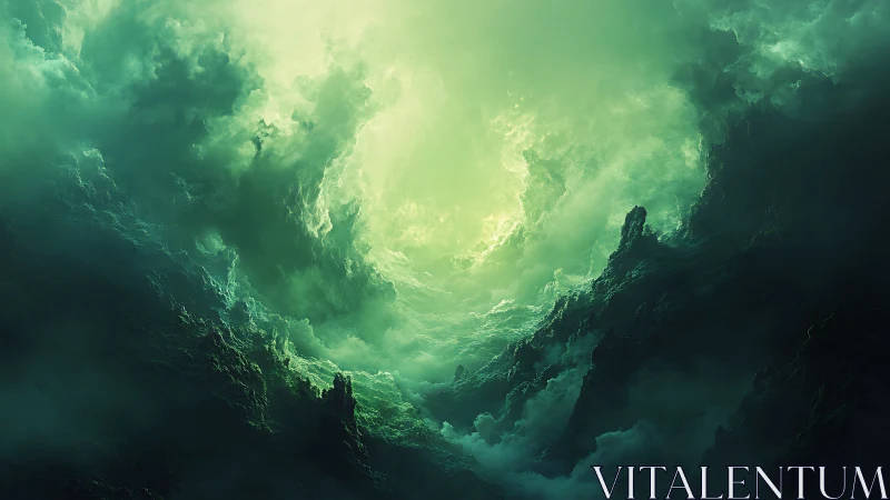 Green volumetric clouds over rugged dark landscape. Period.