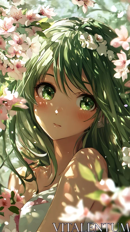 Green-haired anime girl stands amid dense flowering branches