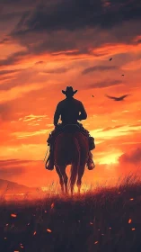 Silhouetted cowboy on horseback under blazing sunset sky.