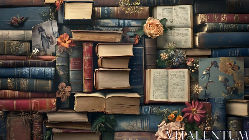 Vintage stacked books with flowers and open pages displayed.