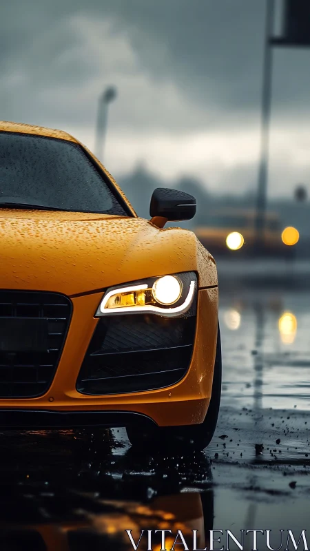 Yellow sports car headlight on wet city street at dusk.