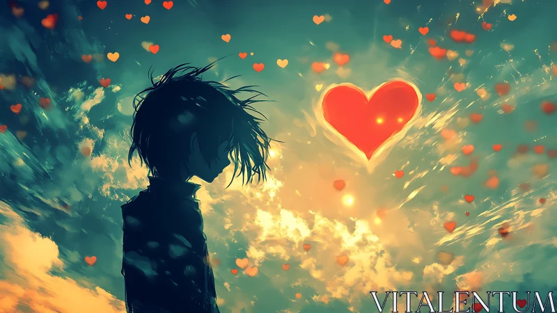 Silhouetted dreamer beneath radiant sky of hearts.