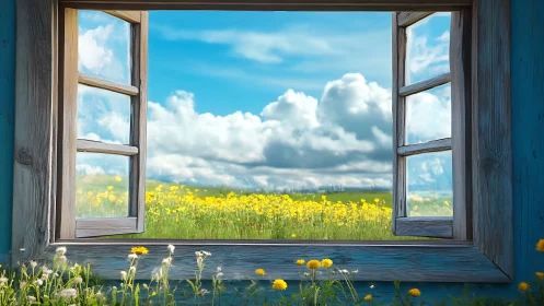 Weathered wooden window opens onto vivid dandelion meadow