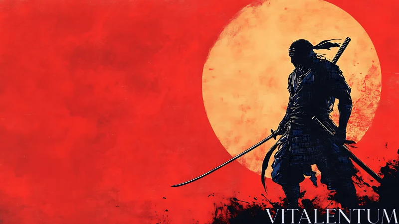 Lone samurai silhouette before blazing red sun disc.
