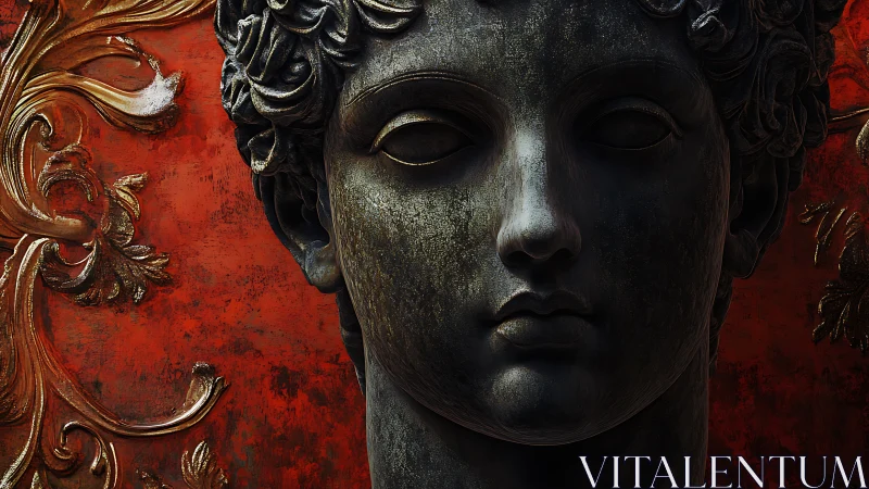 Ancient stone bust glows against ornate red baroque backdrop