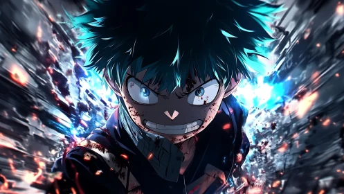 Battle-scorched hero hurtles forward through crackling light