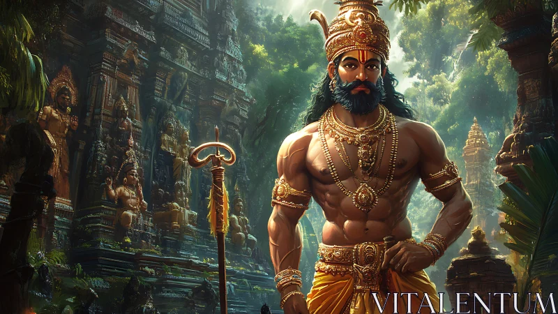 Muscular warrior stands before ornate jungle temple ruins