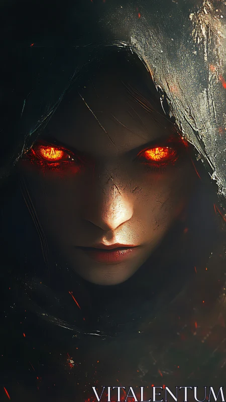 Hooded figure gazes with burning ember eyes in darkness.