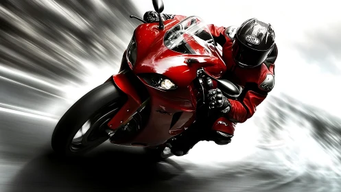 Red sportbike slicing through a blur of speed and light.