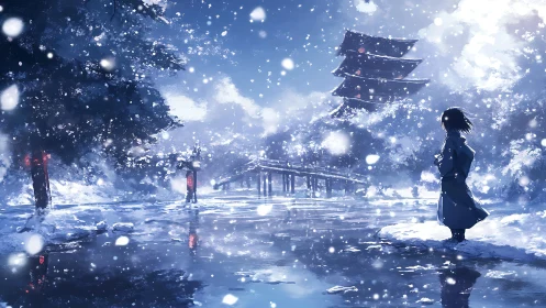 Snowy Japanese temple pond with lone figure and falling snow