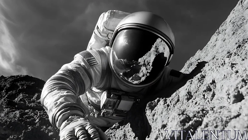 Astronaut climbs rocky lunar ridge in stark monochrome.