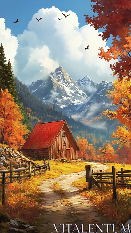 Autumn hillside barn before distant snow-covered mountains.