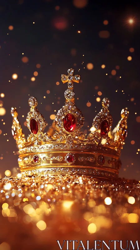 Gold jeweled crown with red gems on glittering surface.