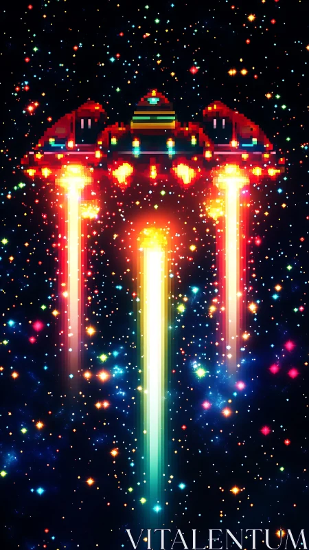 Pixel starship blasting neon thrusters through deep space.