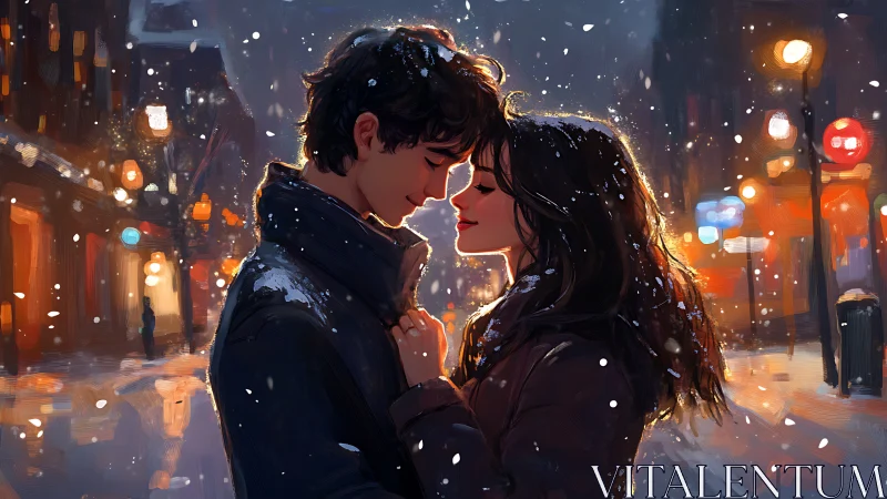 Winter street romance moment frozen in snow.