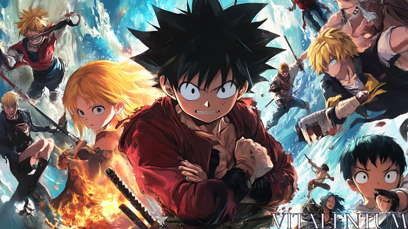 Anime fighters charge forward against crashing ocean waves