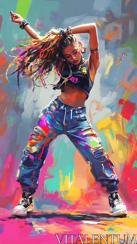 Street dancer in colorful abstract digital environment.