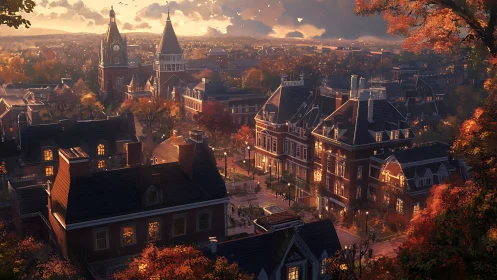 Sunset view over historic brick university campus grounds.