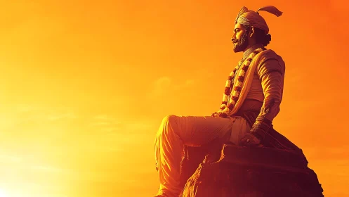 Side-lit regal warrior seated on rock against saturated orange sky