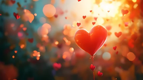 Floating Red Heart Balloon Against Bokeh Lights.