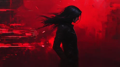 Solitary cyberpunk wanderer bathed in glowing red light.