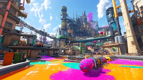 Chromatic industrial refinery with neon ink streams under sky.