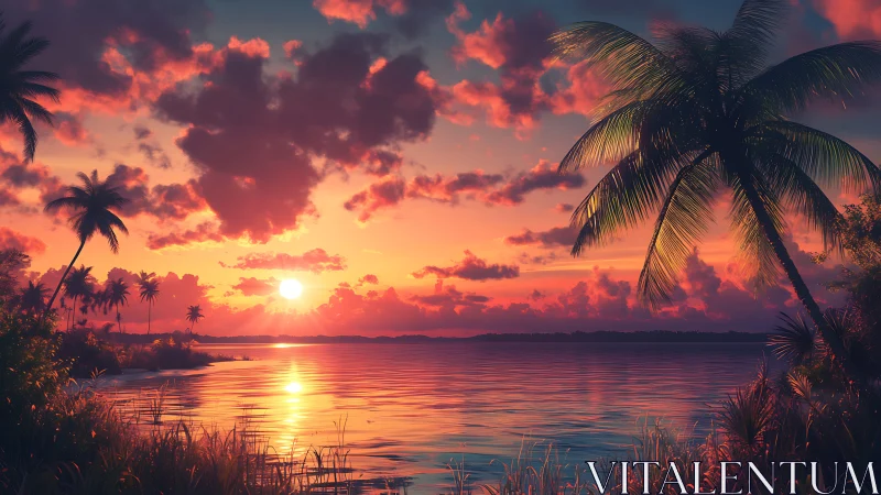 Radiant tropical sunset welcomes calm waves and soft palms