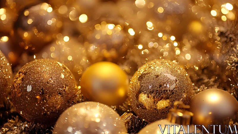 Golden Christmas ornaments glow under warm festive lights.