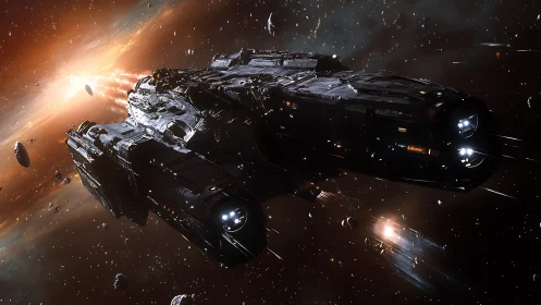 Cinematic 3D starship cruiser in dynamic asteroid-field pursuit.