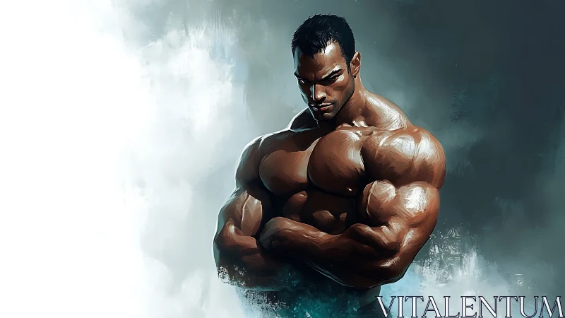 Muscular male bodybuilder stands shirtless against misty backdrop