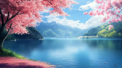 Springtime lake under cherry blossoms and gentle peaks.