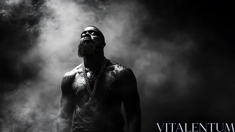 Shadowforged titan rising through stormlit monochrome haze.