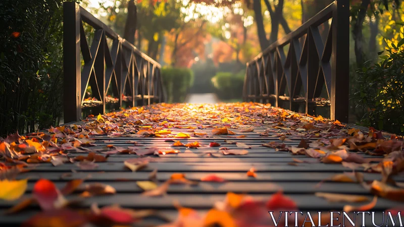 Wooden park bridge lies under warm autumn sunset light