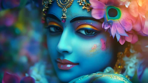 Blue-faced floral deity portrait in vivid digital color.