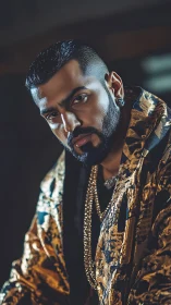 Portrait shows man in patterned gold jacket under low light