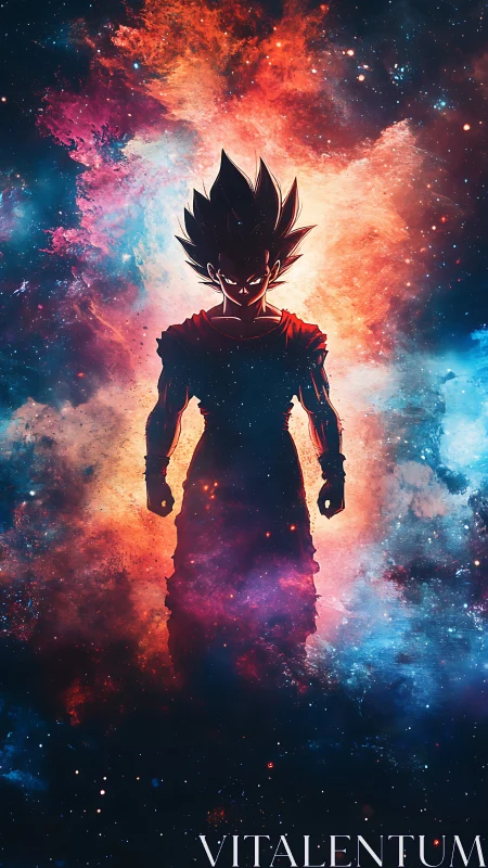 Silhouetted anime warrior against vivid cosmic nebula