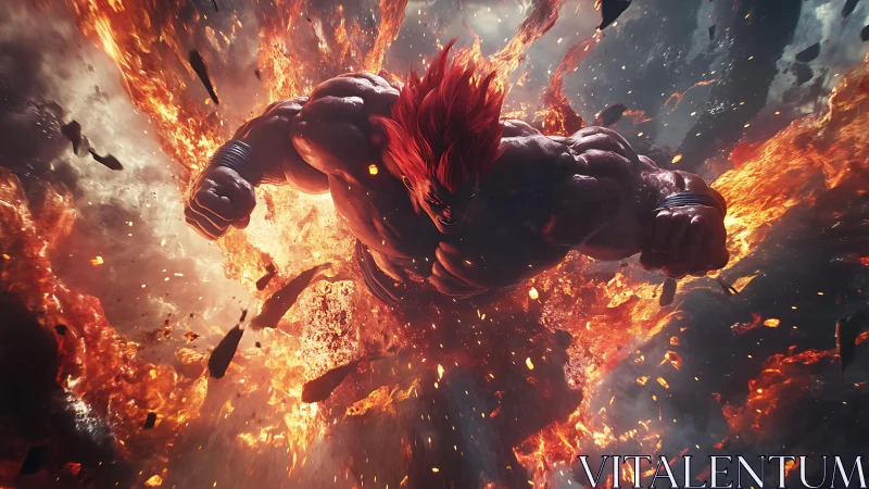 Flaming warrior erupts through explosive inferno sky.