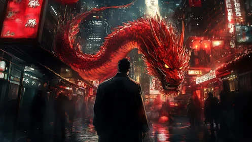 Neon-lit cyberpunk alley dominated by luminous red dragon sentinel