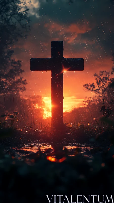 Rainlit graveyard cross blazing against a stormborn sunset.