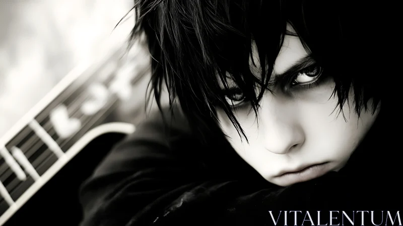 Monochrome emo portrait with guitar and intensified gaze focus.