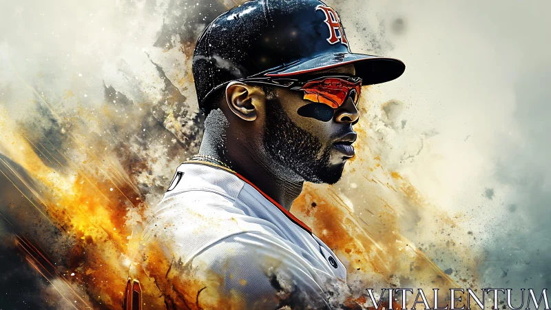 Dynamic baseball slugger emerges through fiery explosion.