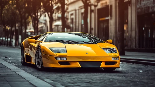 Yellow sports coupe parked on quiet urban street at dusk.