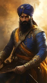 Regal turbaned warrior gazes forward with calm authority