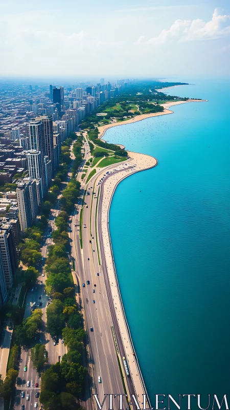 Aerial urban shoreline corridor with turquoise lakefront curve